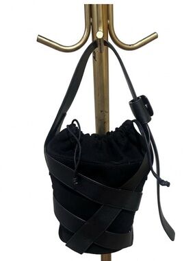 STAUD Black Canvas & Leather Cross Strap Drawstring Bucket Top Handle Bag